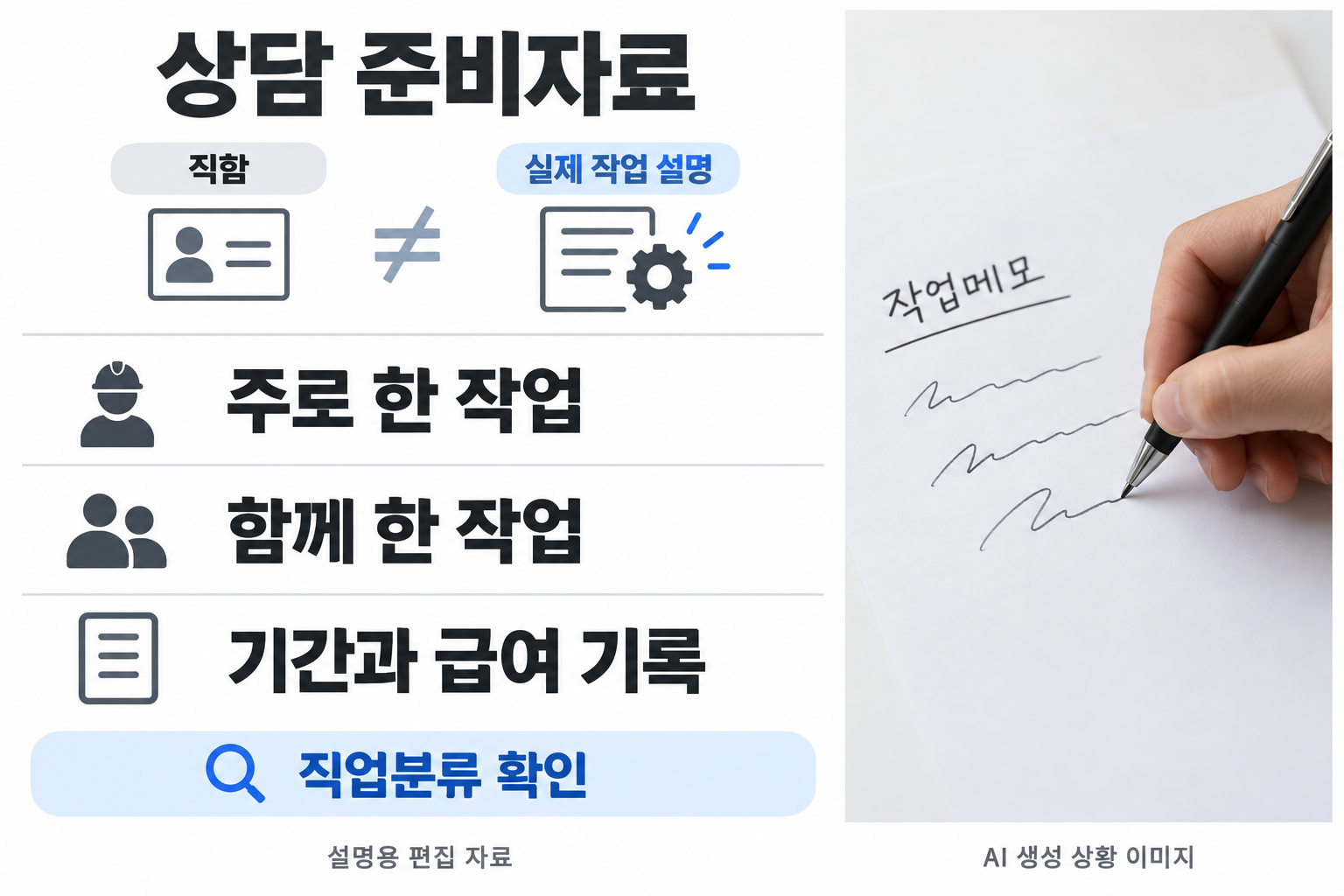 실제 업무 설명을 세 큰 행으로 편집: 주로 한 작업 / 함께 한 작업 / 기간과 급여 기록. 옆에 모형 작업메모를 쓰는 손 근접사진. 직종명만으로 단순노무 제외 여부 확정하지 않기. 빈 상자 두 개 대신 큰 항목으로 상담 준비자료 표시.