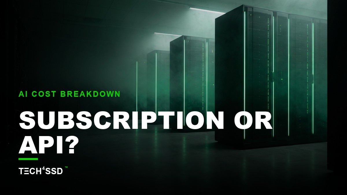 Futuristic digital interface showing AI subscription vs API cost analysis with data points and graphs, neon green accents.