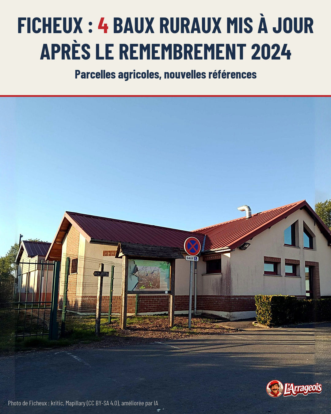 Bâtiment rural à toit rouge avec panneaux d'information, clôture et route devant, sous un ciel bleu.