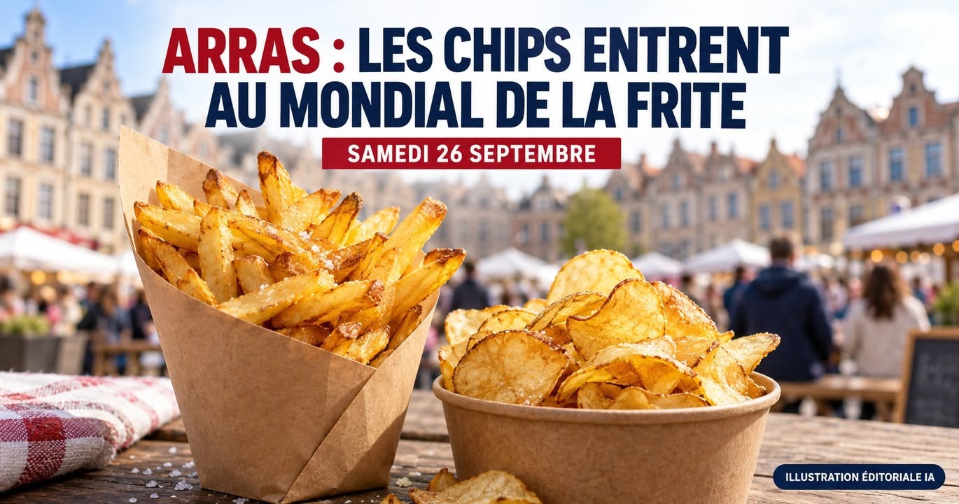 Deux contenants en papier remplis de frites et de chips posés sur une table, avec une place publique animée en arrière-plan.