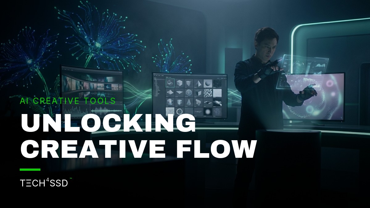 Futuristic digital workspace with glowing lines connecting a video timeline, organized visual assets, and a conversational AI interface, demonstrating custom AI tools for creative workflows.