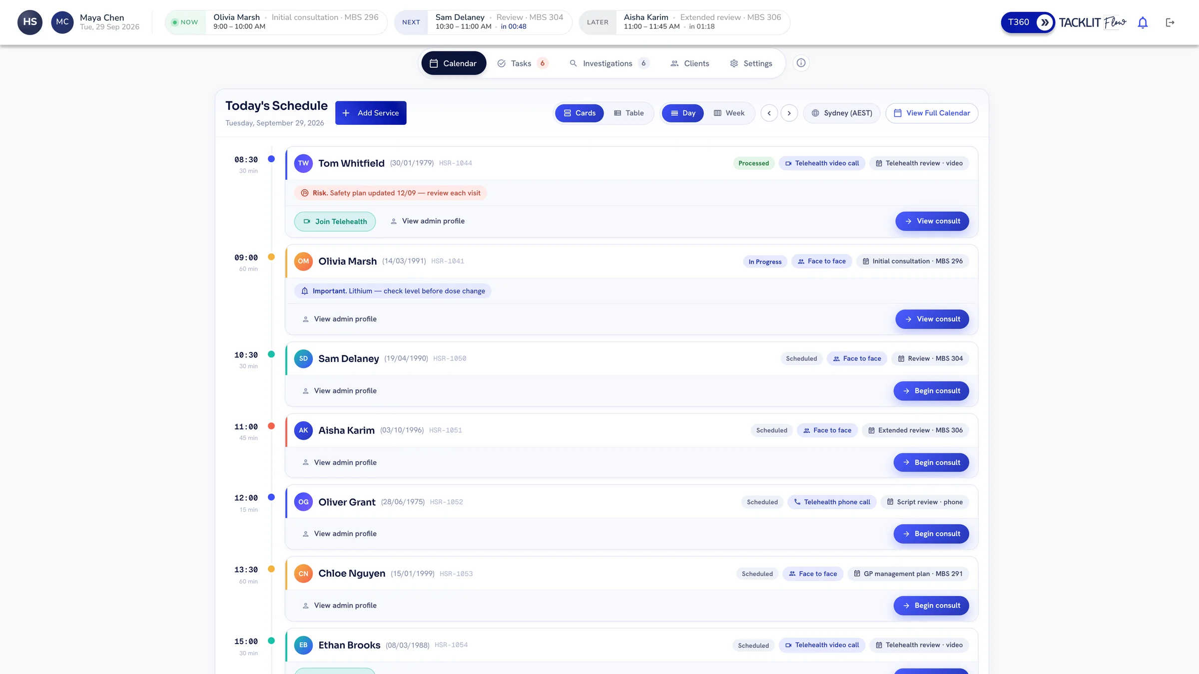 Flow day schedule listing each client session with its time, MBS item, delivery mode, pinned risk alert and a Join Telehealth button