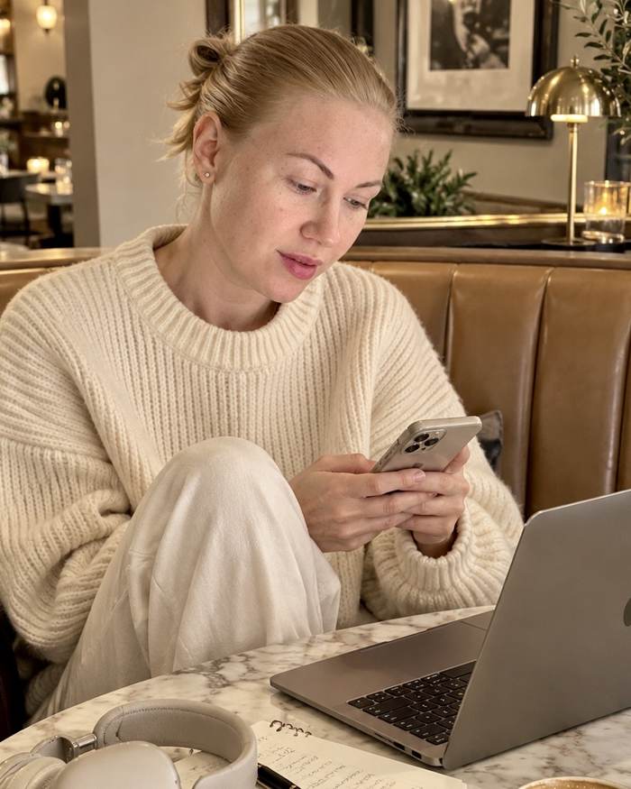 Masha Rudnik with her phone and laptop