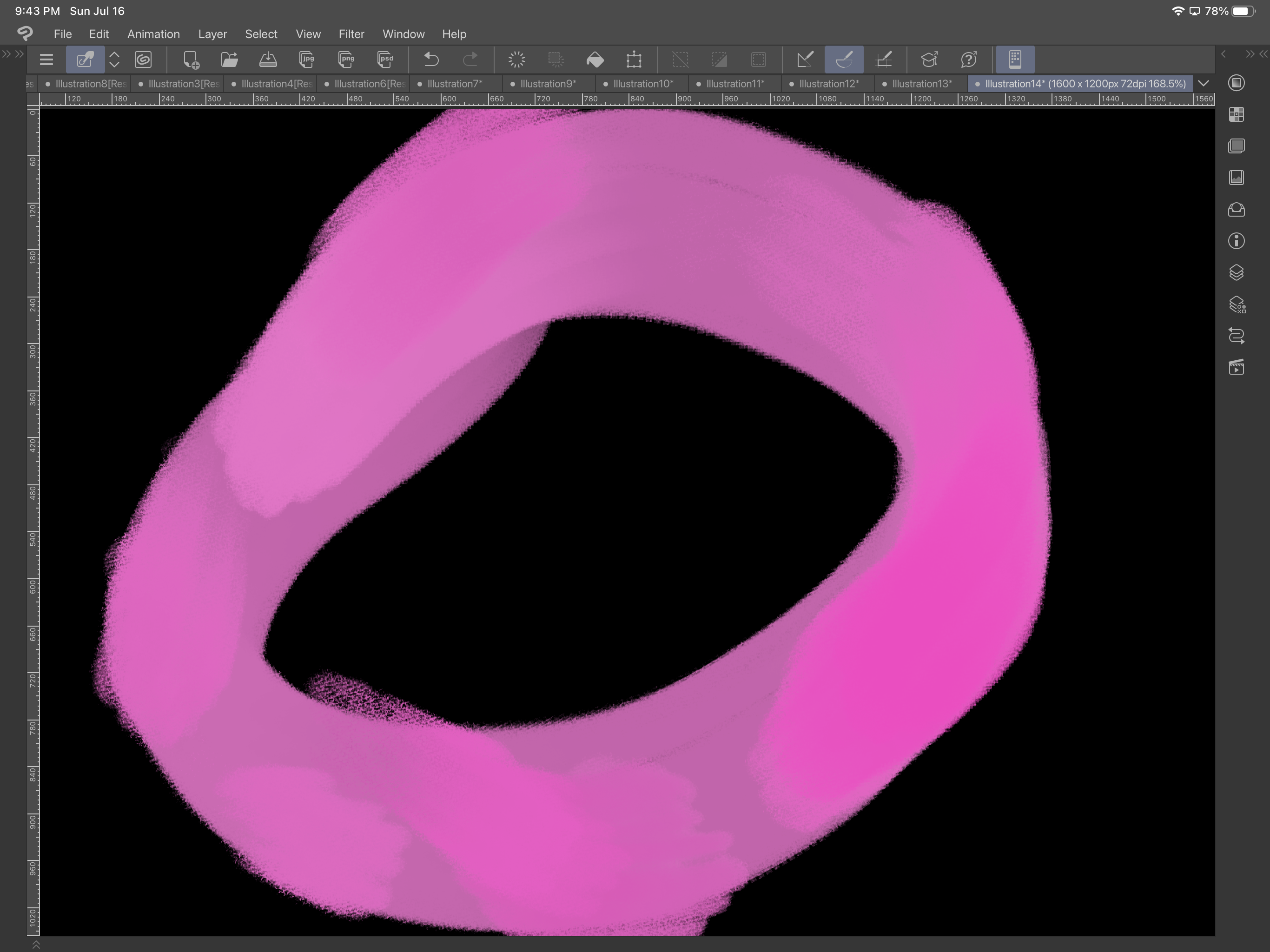 the original drawing. it is a vaguely drawn circle with smudges of different colors of pink and purple