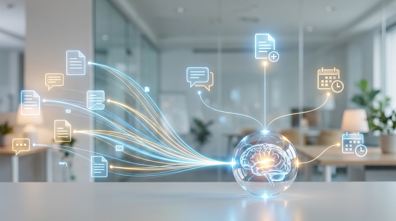 Visual representation of Google Workspace Intelligence connecting various apps like Docs, Chat, and Calendar, powered by a central AI brain.