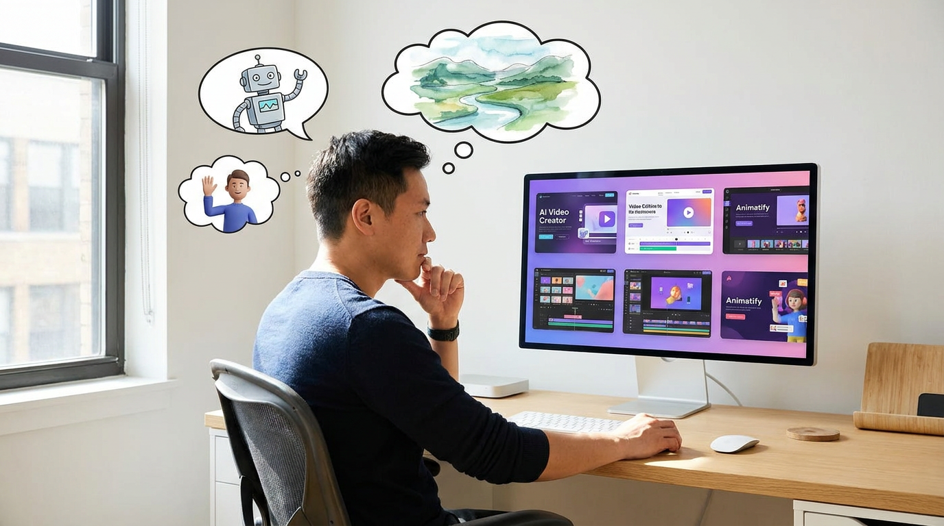 A creator choosing between different AI video creation software options, illustrating the decision-making process for selecting the best tool.
