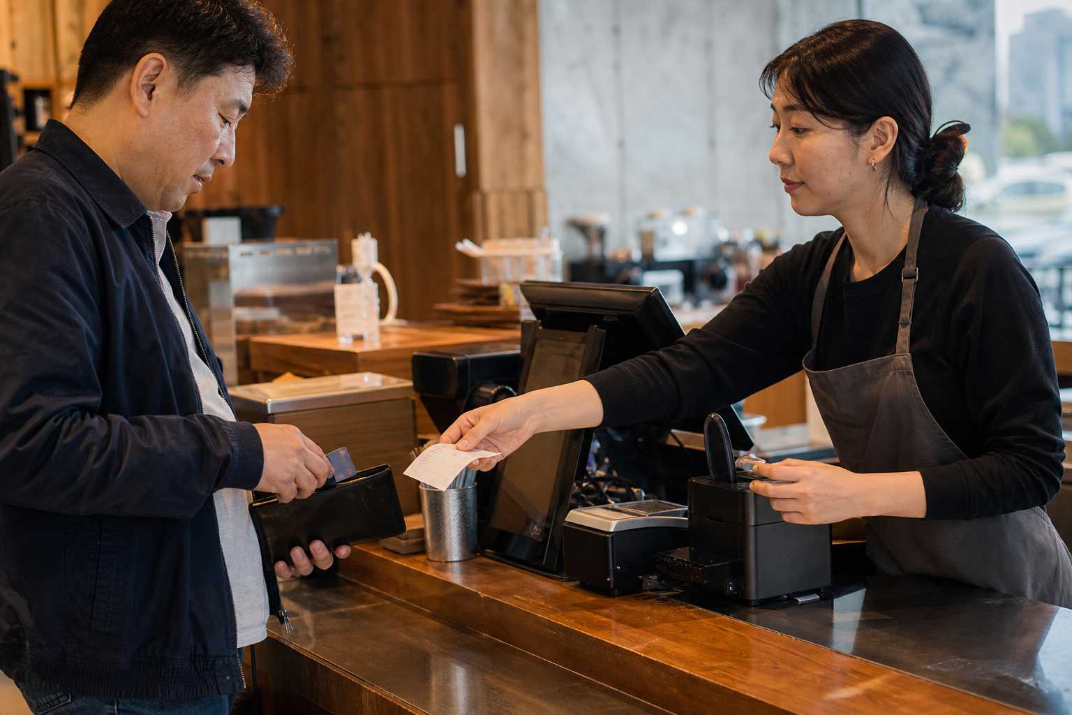 카페에서 매입 전 카드 승인취소 영수증을 받는 장면