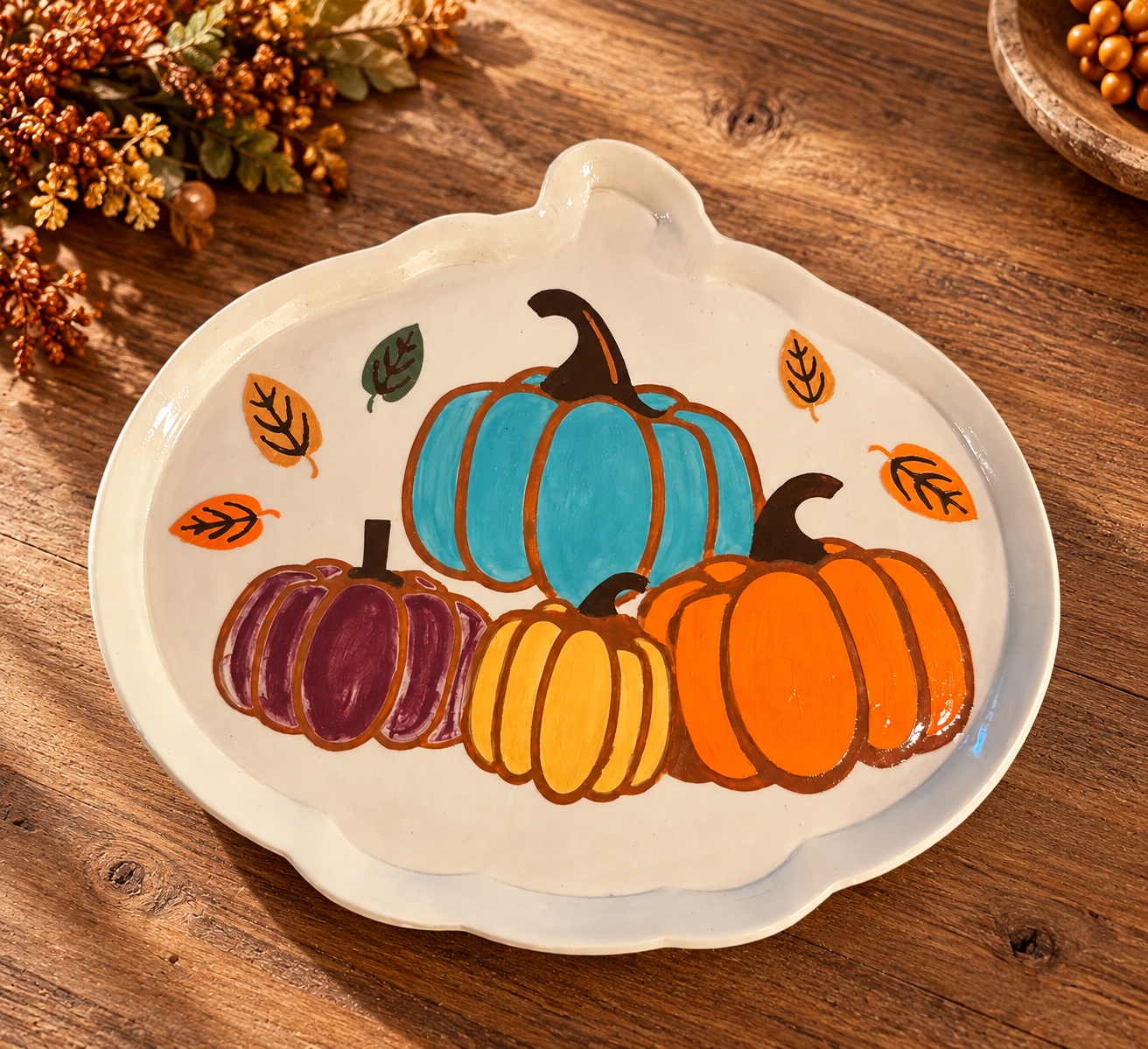 Hand-built tray with a hand-painted pumpkin design.