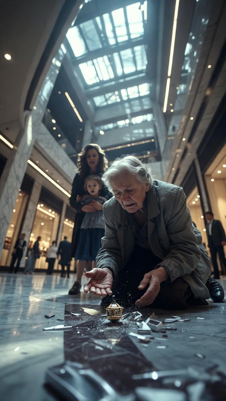 When a Poor Older Woman Was Accused Beside a Shattered Toy in a Marble Mall — A Worn Music Charm Revealed the Family Secret a Mother Tried to Bury