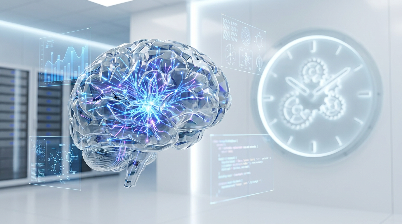 AI research assistant visualization with brain, data, and clock, symbolizing fast insights.