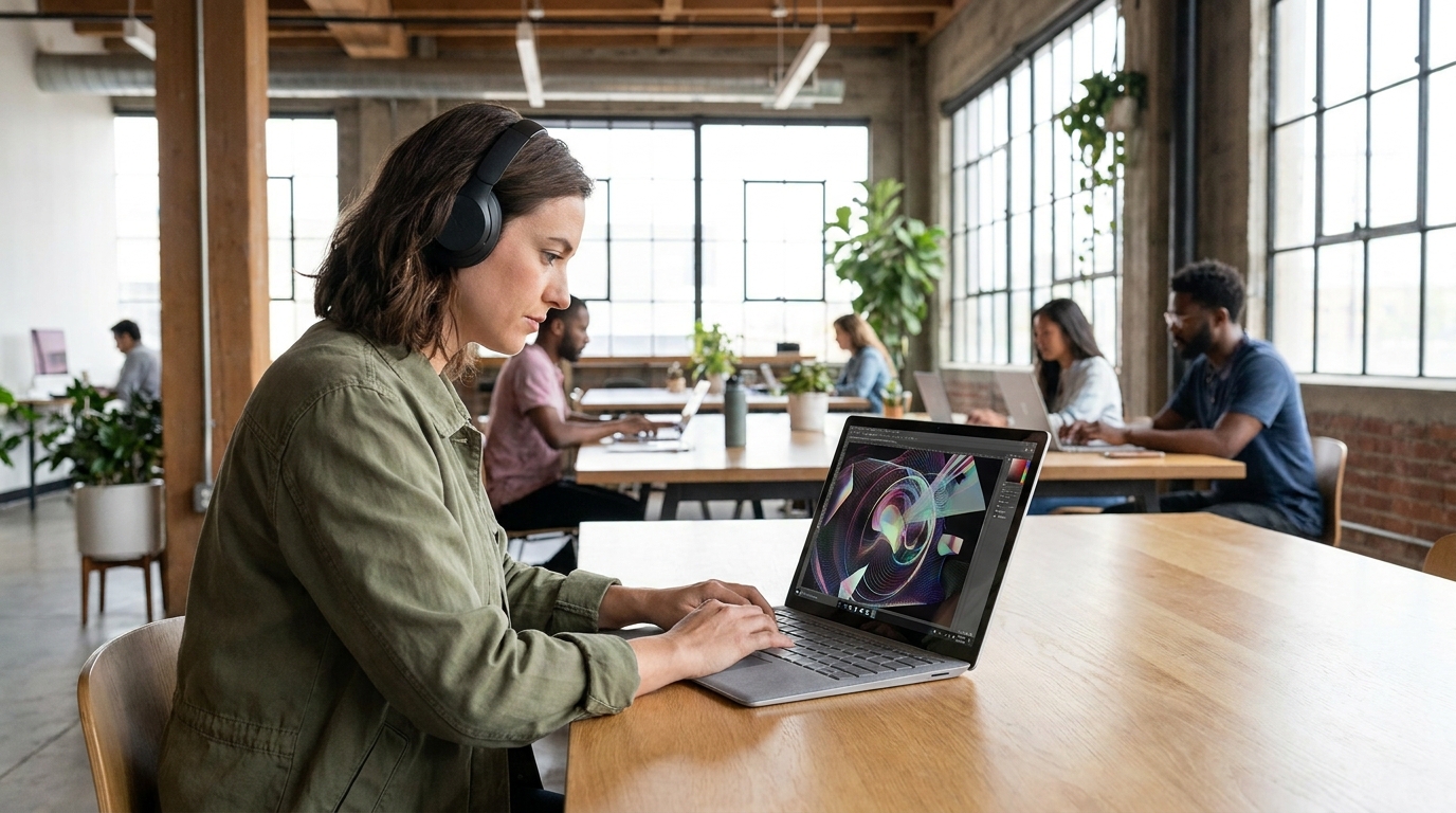 Creative professional using a Microsoft Surface Laptop 13-inch in a modern co-working space.