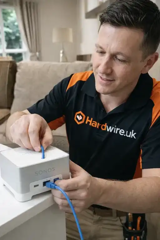 Weatherproof junction box protecting CCTV cable connections on an external wall