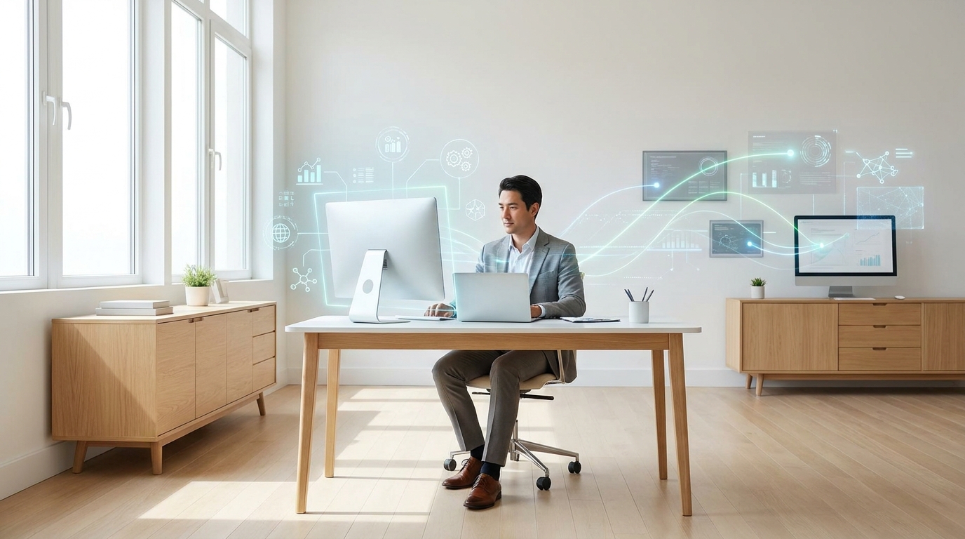 Business professional interacting with a computer in an office, surrounded by subtle digital overlays of AI workflow integration.