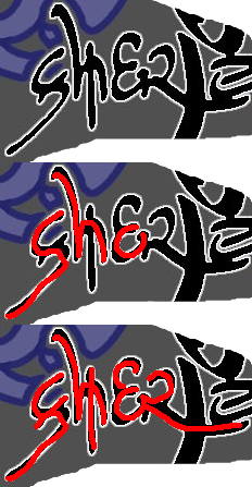 A cropped section of Minamimoto Sho's Taboo refinery sigil. Red lines trace over the image to show that it contains the Latin characters 's', 'h', and 'o'. The 's' has a horizontal bar through it, the 'h' has a vertical bar through it, and the 'o' is adorned with round lion ears and a long lion tail.
