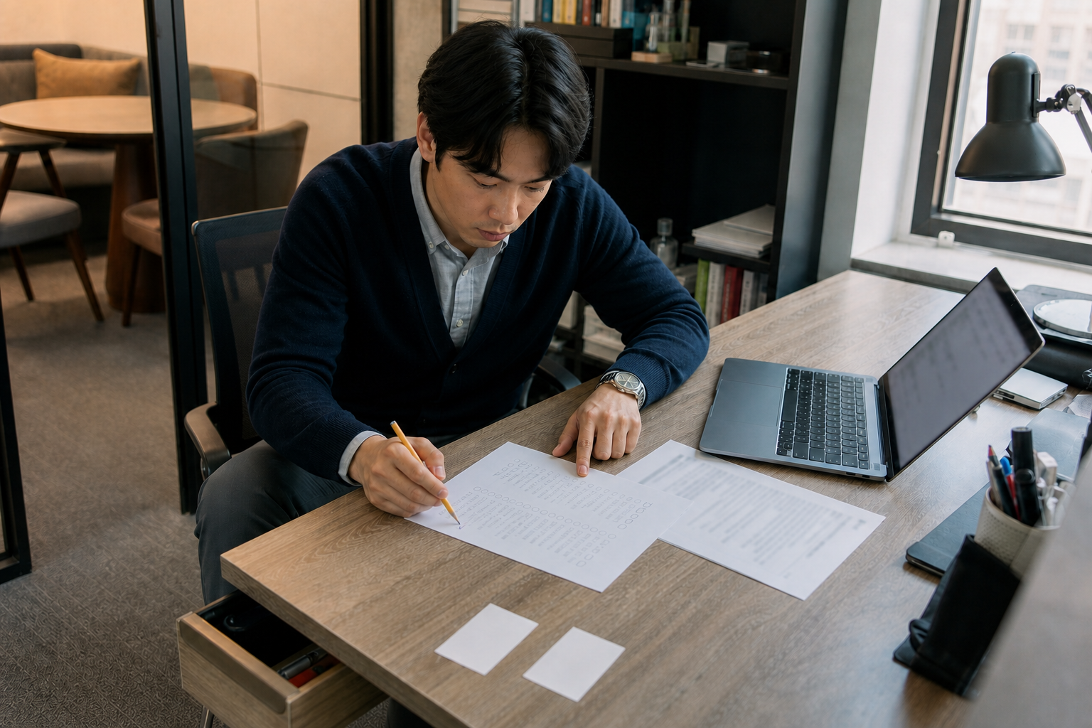 AI 초안의 이름·날짜·금액·결론을 종이 원문과 대조하는 모습