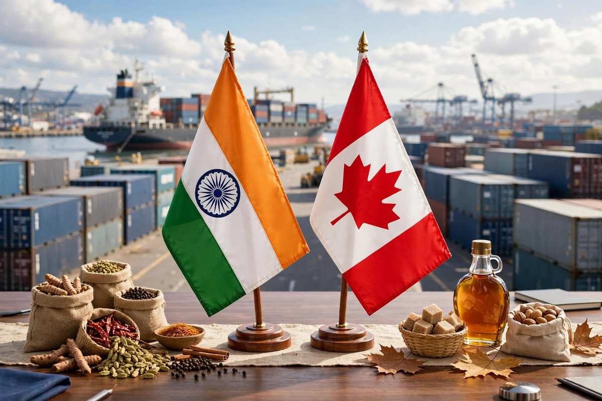 भारत और कनाडा के झंडे, पृष्ठभूमि में कार्गो जहाज — व्यापार वार्ता का प्रतीक