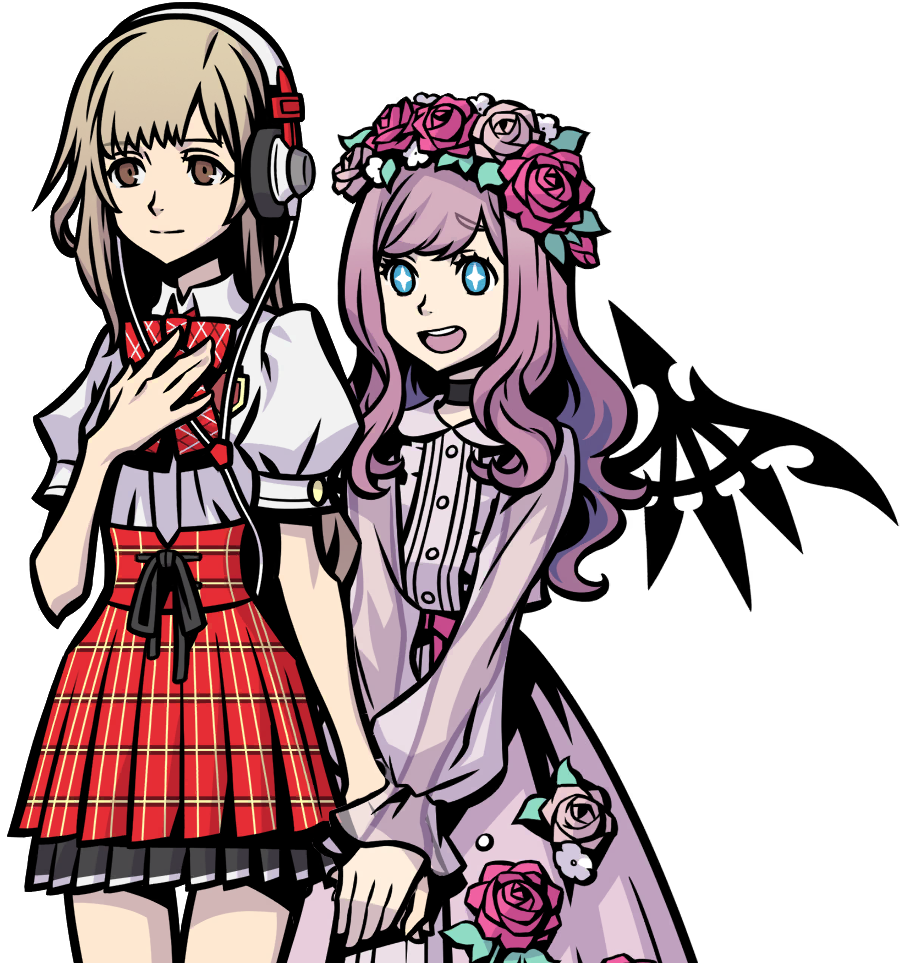 Begin image ID. An edit of Atarashi Coco and Matsunae Tsugumi. Atarashi Coco is on the right side, while Matsunae Tsugumi is on the left side. Atarashi Coco is holding Matsunae Tsugumi's hands between hers. Both face left and front, with Matsunae leading their walk. End ID.