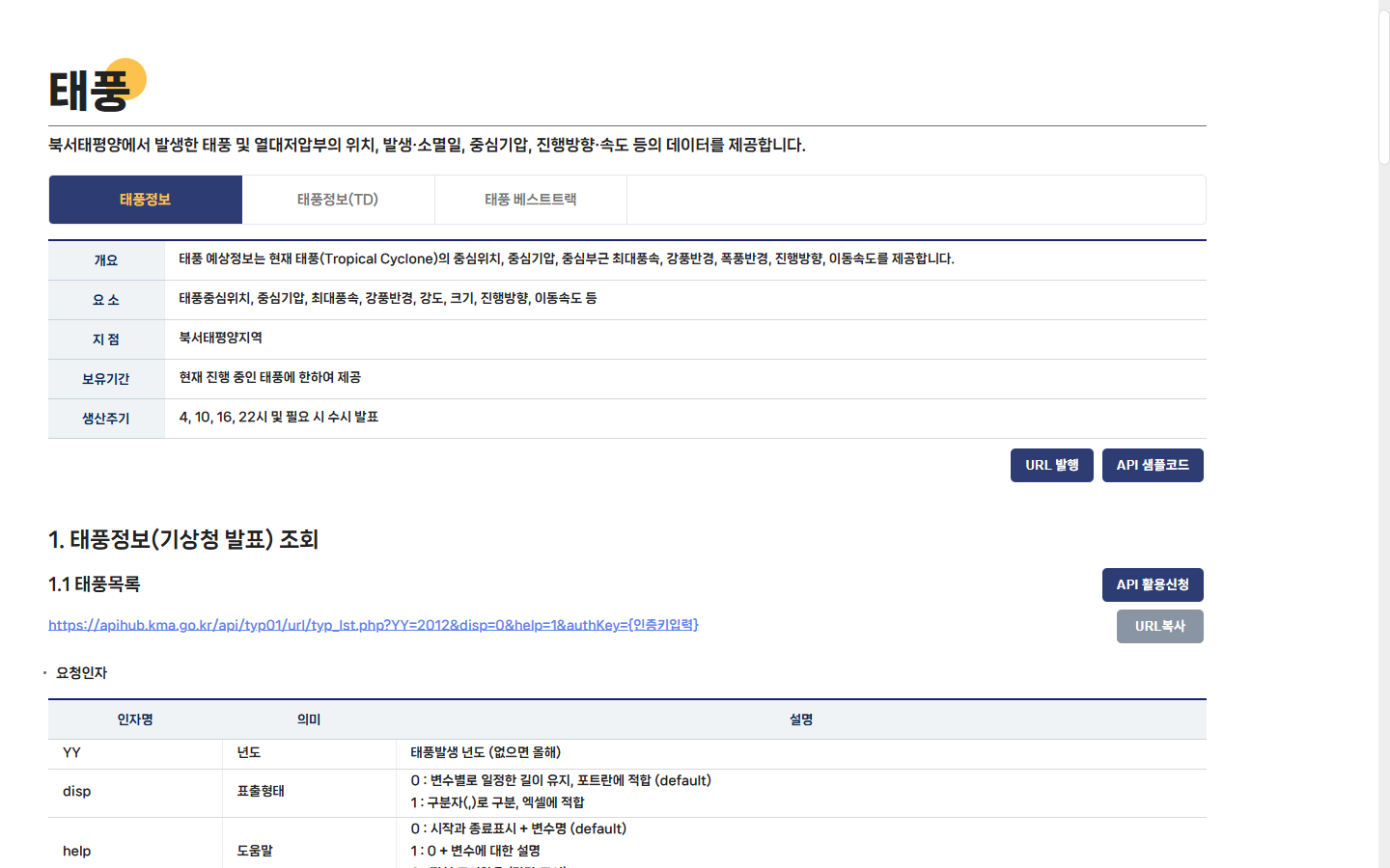 정규 생산주기와 필요 시 수시 발표를 명시한 기상청 API허브 원문