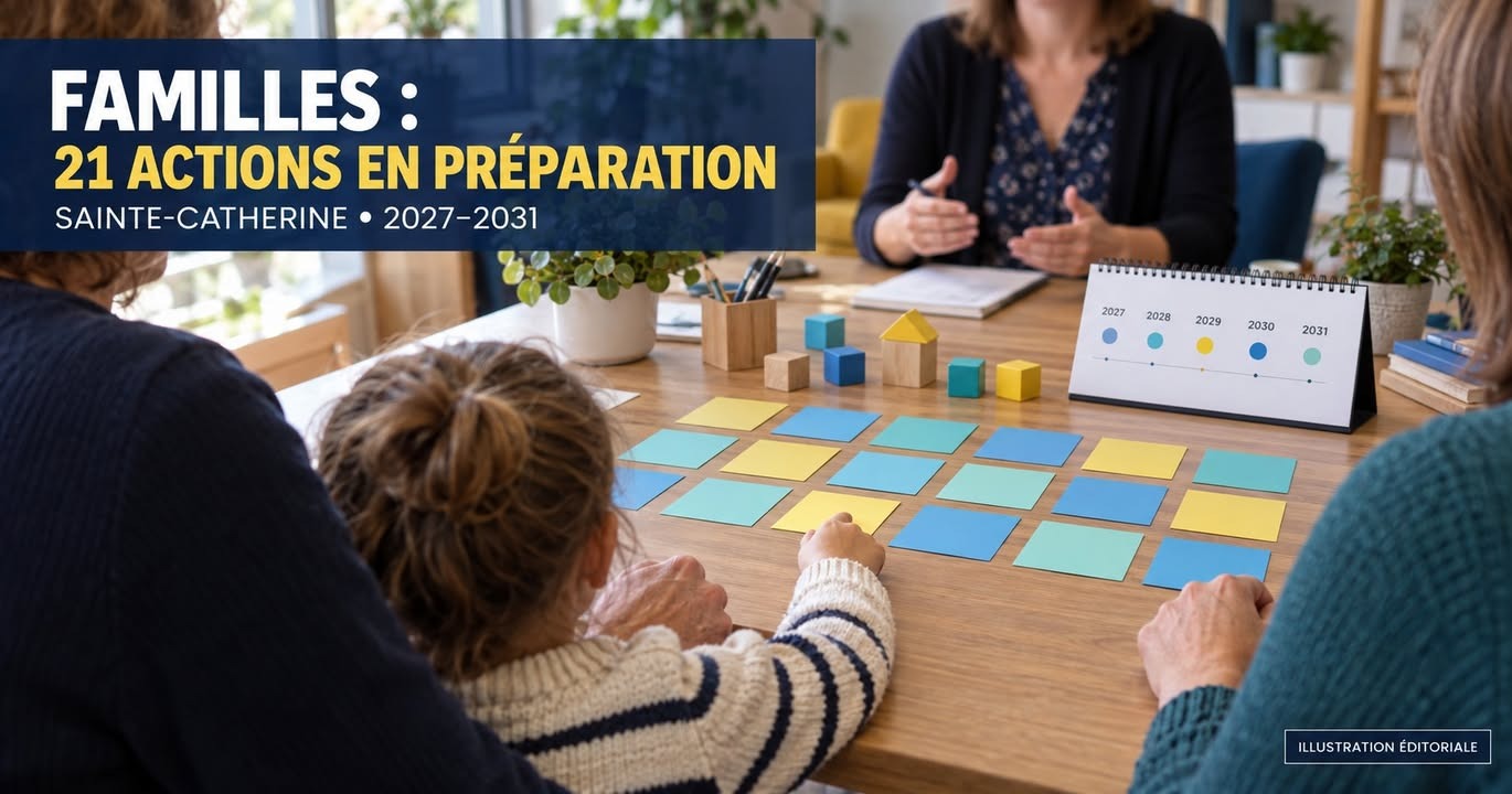 Des personnes s'assemblent autour d'une table avec des post-it colorés, des jouets en bois et un calendrier.