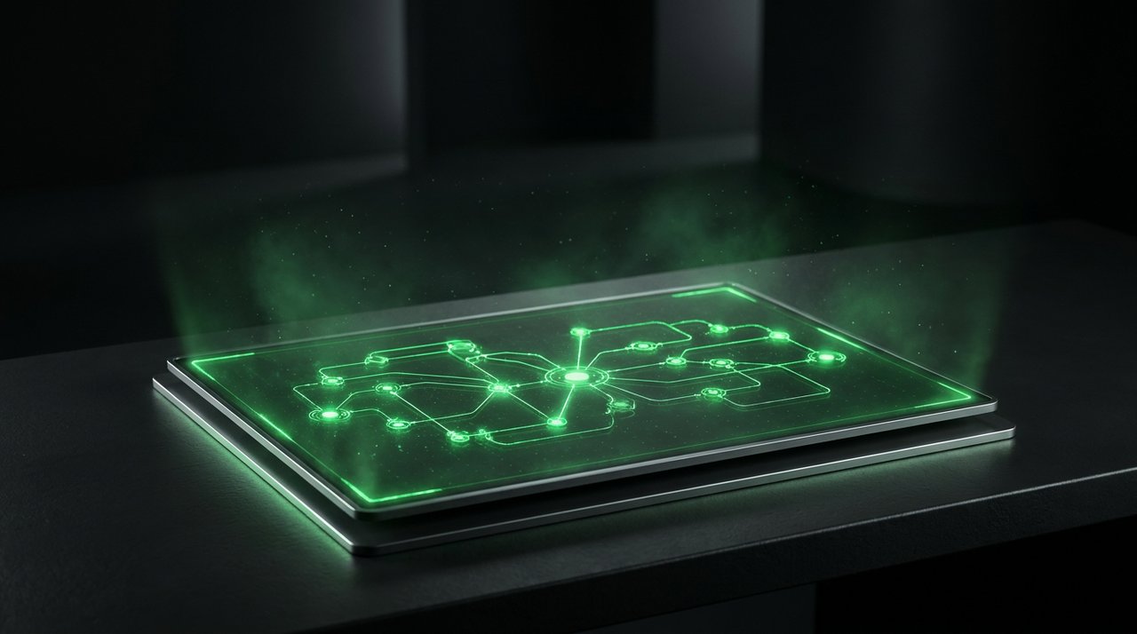 A glowing green node-graph automation pipeline from trigger to action