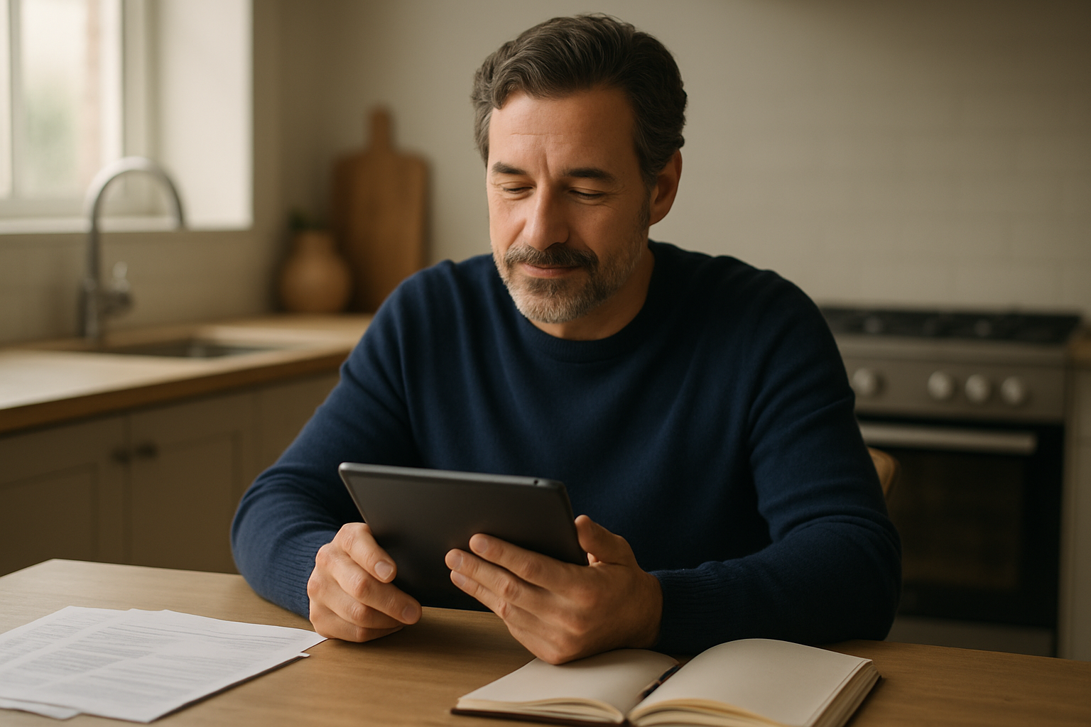 A relaxed investor reviewing finances calmly