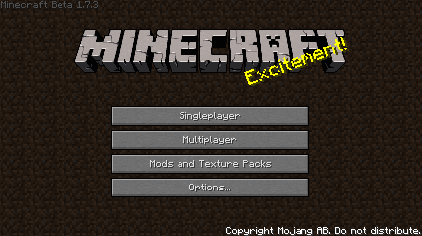 Screenshot of the Minecraft start screen in Beta 1.7.3.
