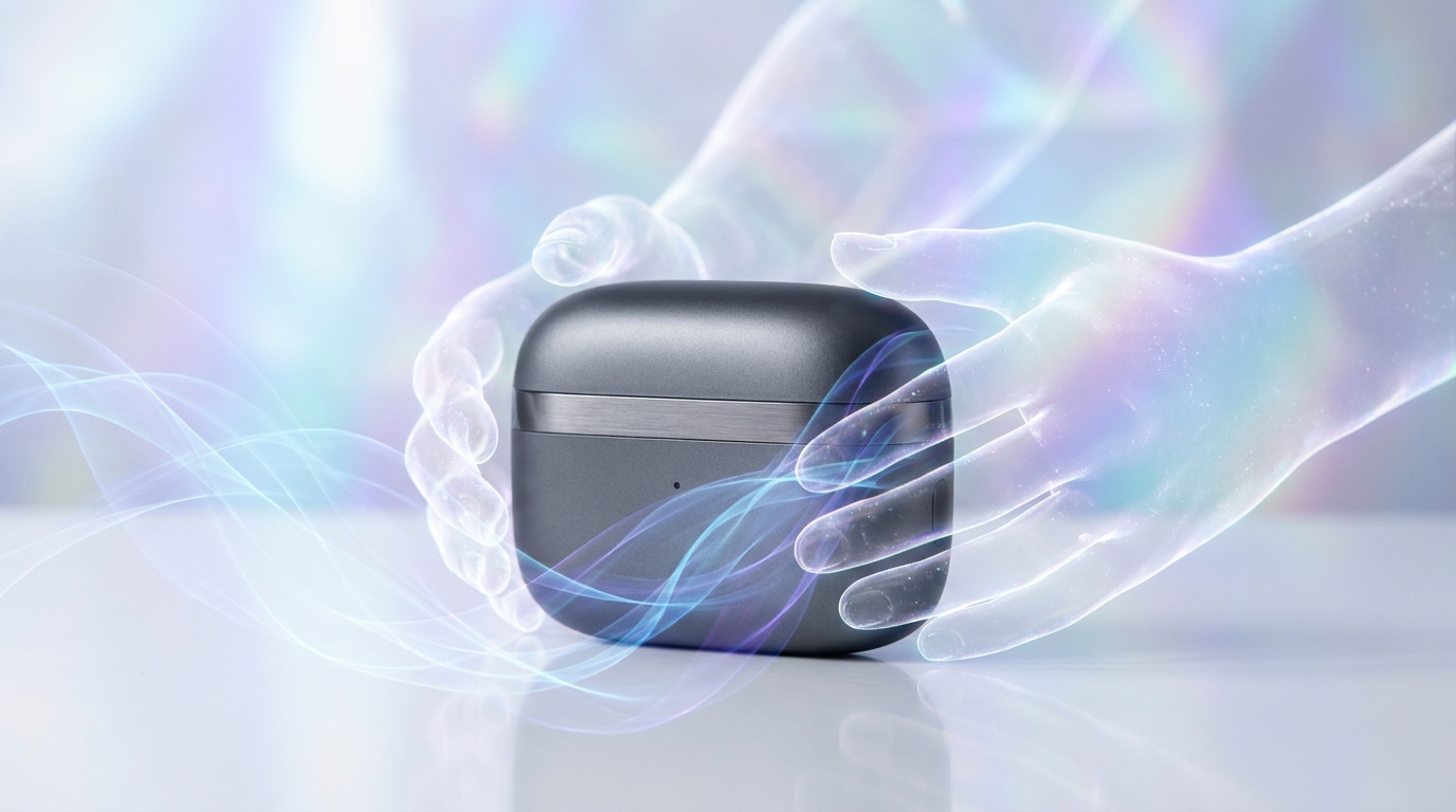 AI-generated product photo of a smart speaker in a studio setting with virtual hands, showcasing AI product photography capabilities.