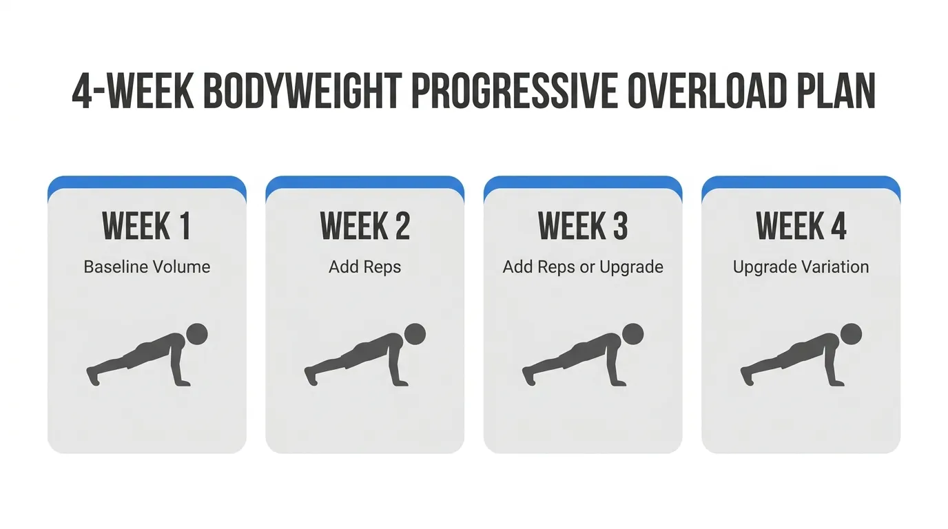 Four-week bodyweight progressive overload training plan showing weekly rep and variation changes