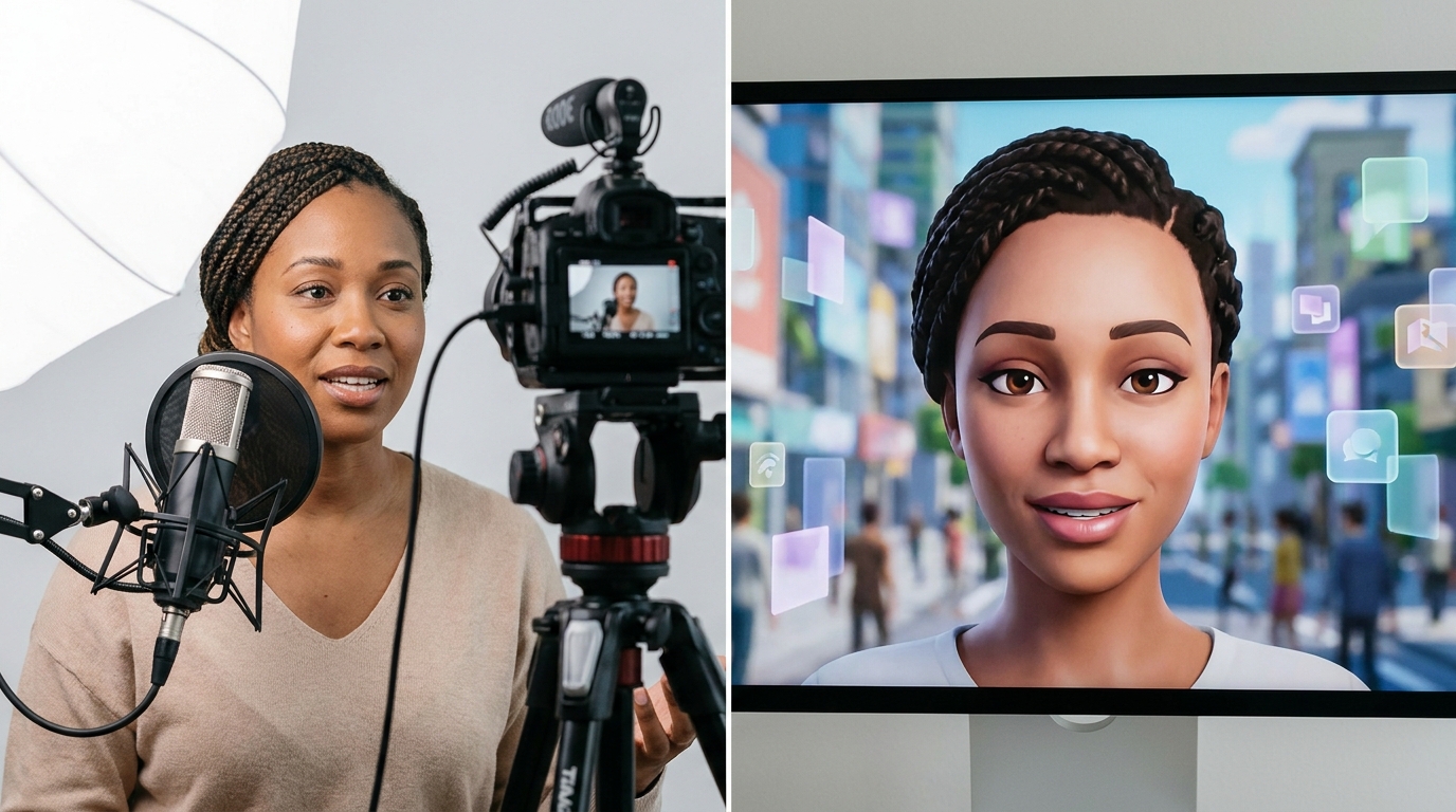 Split image showing a person recording themselves for Google Vids AI avatar creation, and their digital avatar appearing on a screen in a video.