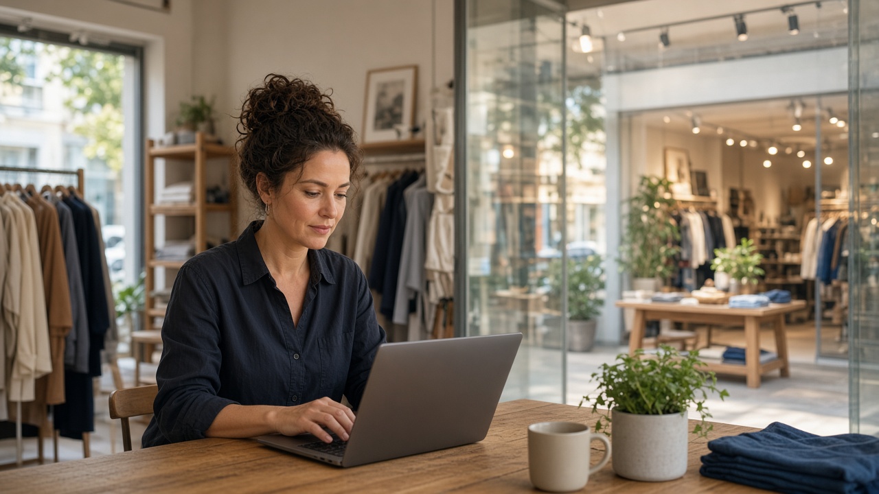 Retail owner reviewing multi-store sales on a laptop near a shop entrance