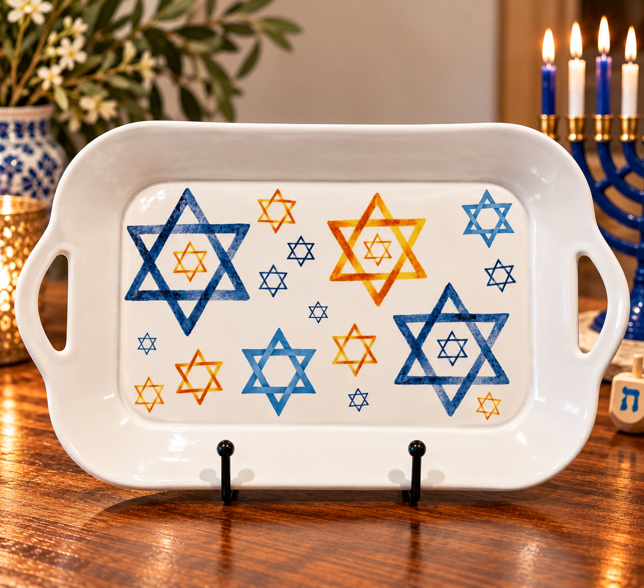 Hand-built tray with a hand-painted Star of David design.