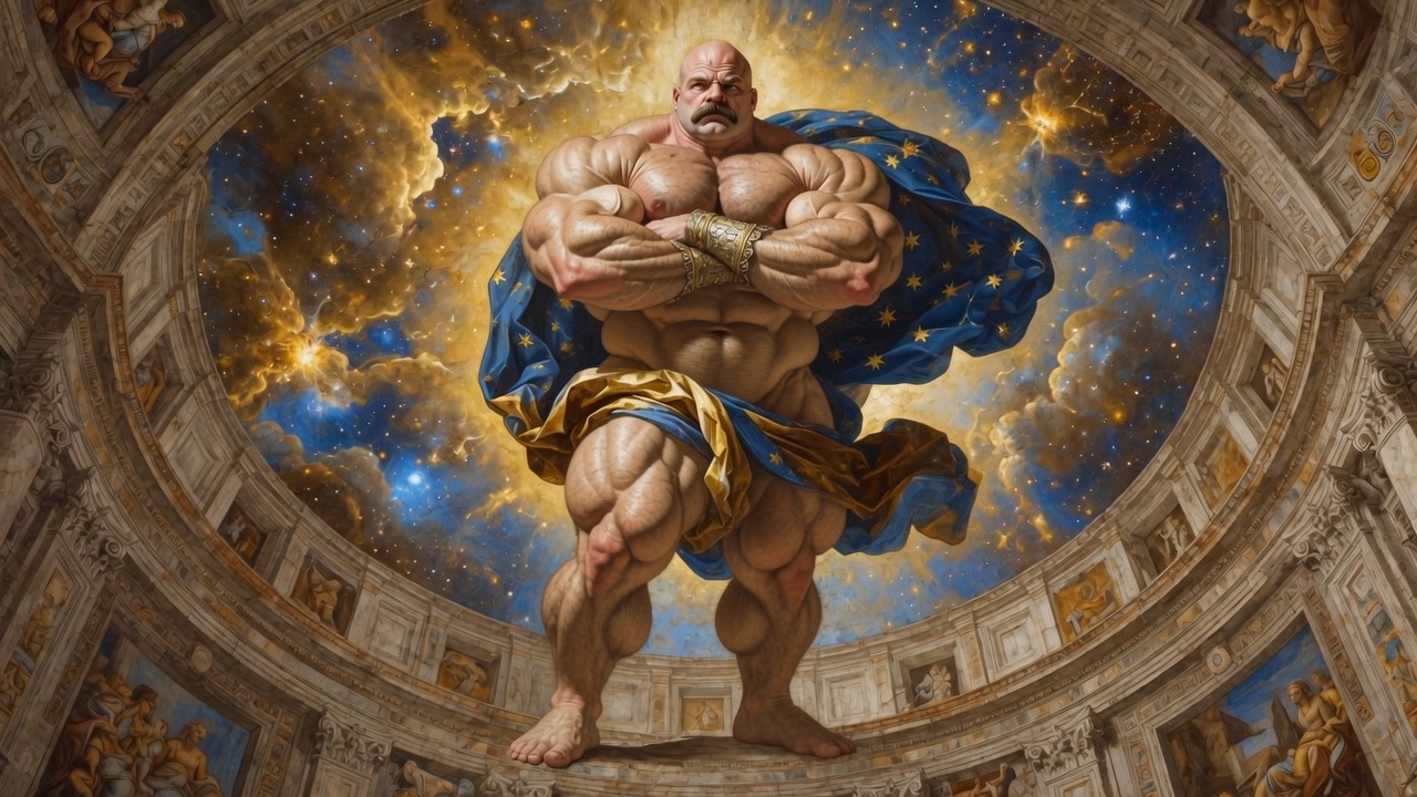 Sistine fresco / arms crossed, gold drape