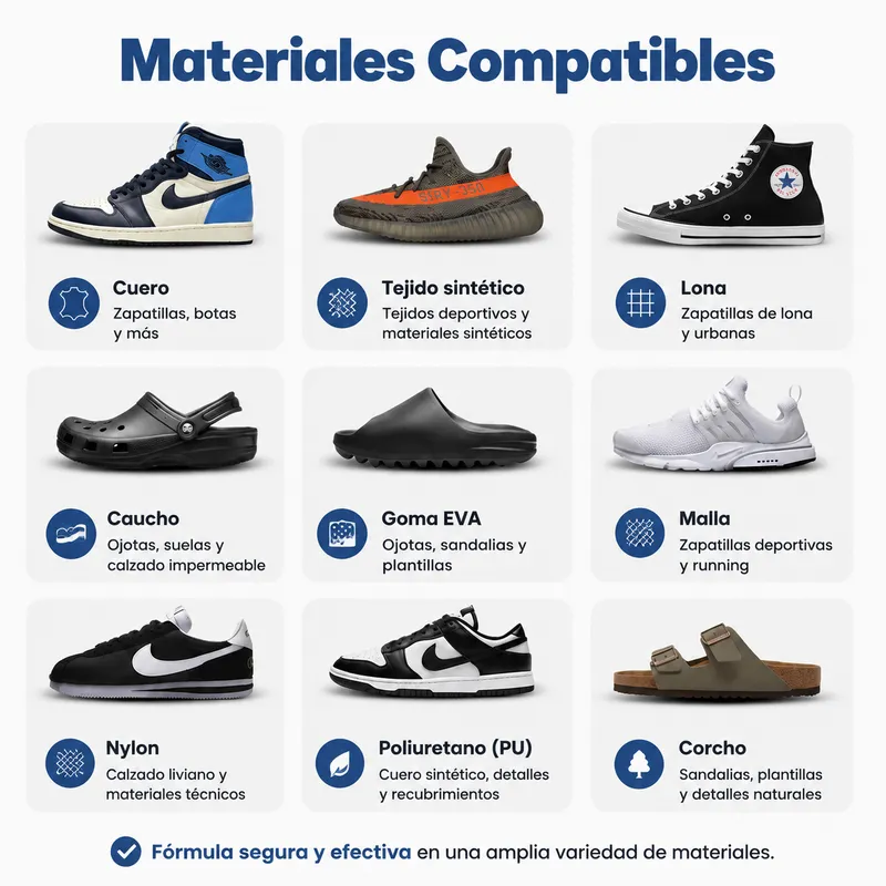 Materiales compatibles: cuero, tejido sintético, lona, caucho, goma EVA, malla, nylon, poliuretano, corcho