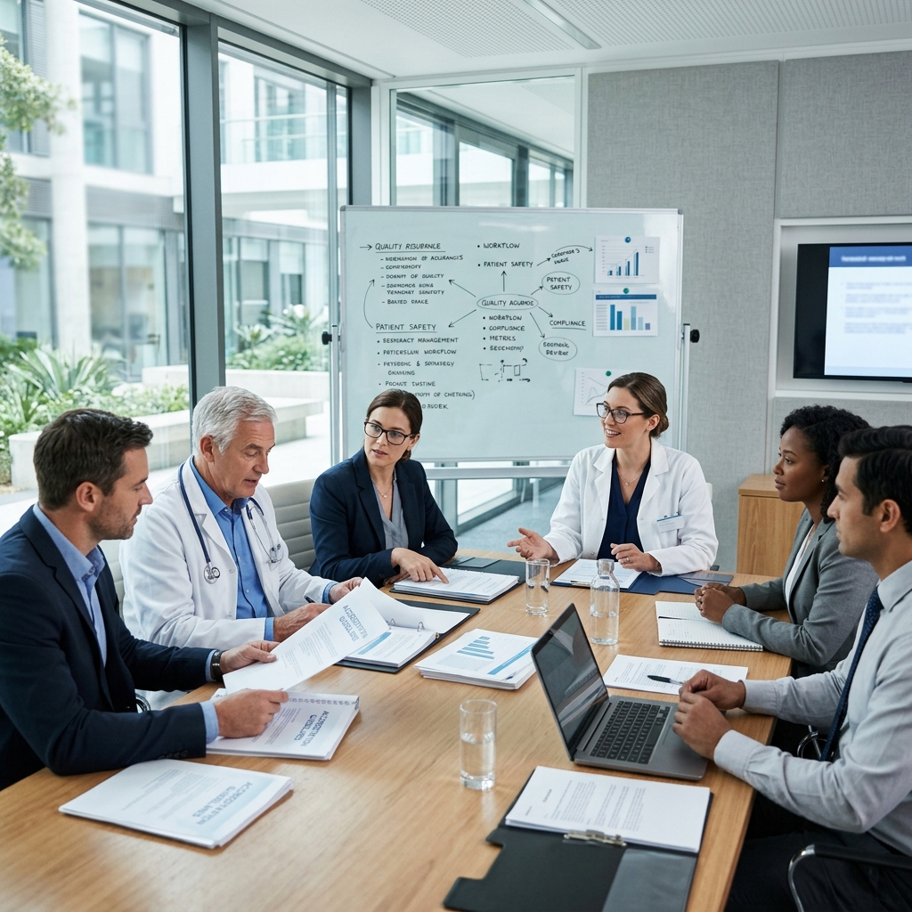 Equipo de gestión sanitaria evaluando procesos para acreditación de clínicas y hospitales