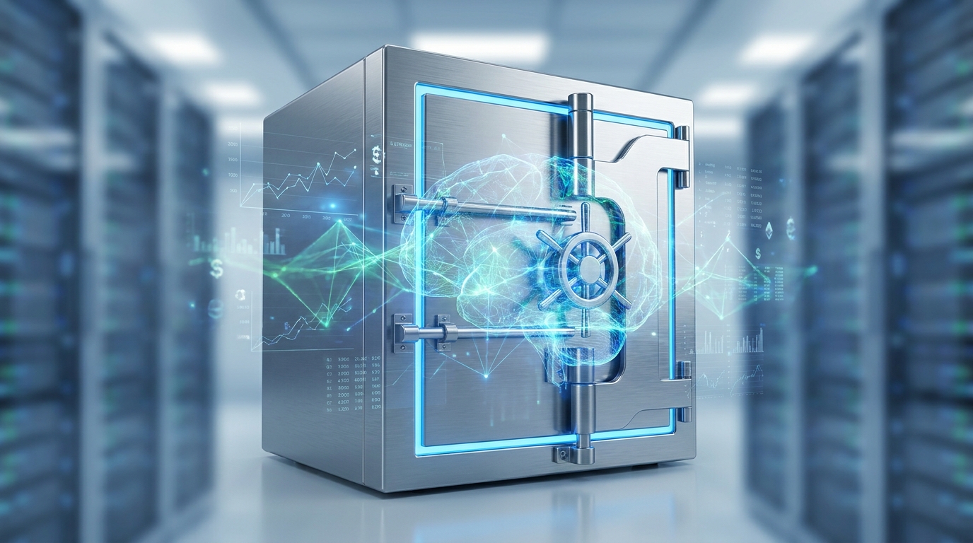 Secure digital vault with generative AI patterns, representing robust AI governance in financial Enterprise GenAI Workflows.