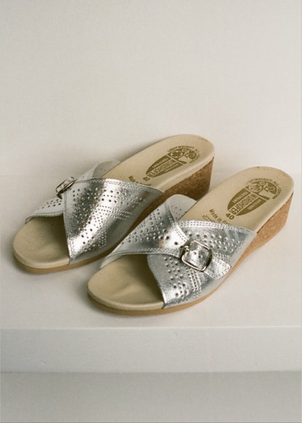 Worishofer 251 platform mules, perforated silver leather