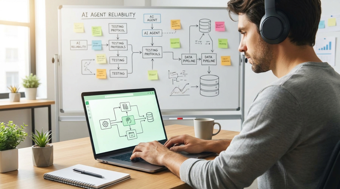 A developer using Microsoft ThinkingBox on a laptop to evaluate AI agent reliability against a database, with code and flowcharts visible. Focus on practical AI evaluation.