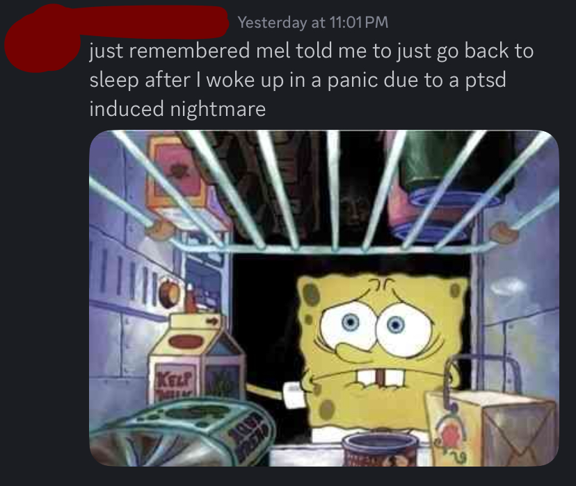 chem also remembering when melody had told him to "just go back to sleep" when he was awoken in a panic from a ptsd induced nightmare, which if you know anything about mental health, "just going back to sleep" is not something you can do when struck with a ptsd induced nightmare, you should be supportive even if you can't help fully, which is something melody would often not do for people, especially people with trauma
