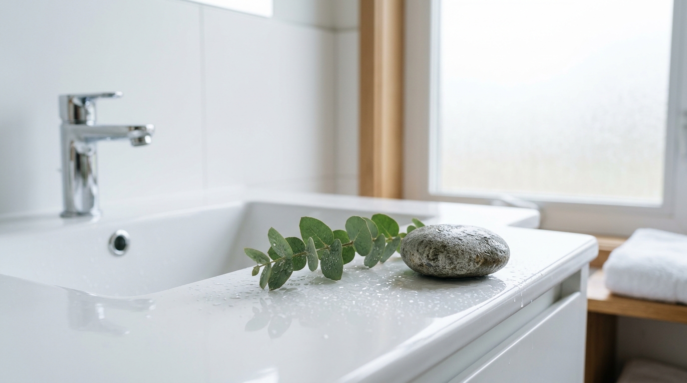 Toilet Paper vs Water — Which Is Better for Hygiene? Fresh water droplets on white ceramic with eucalyptus sprig representing bathroom hygiene
