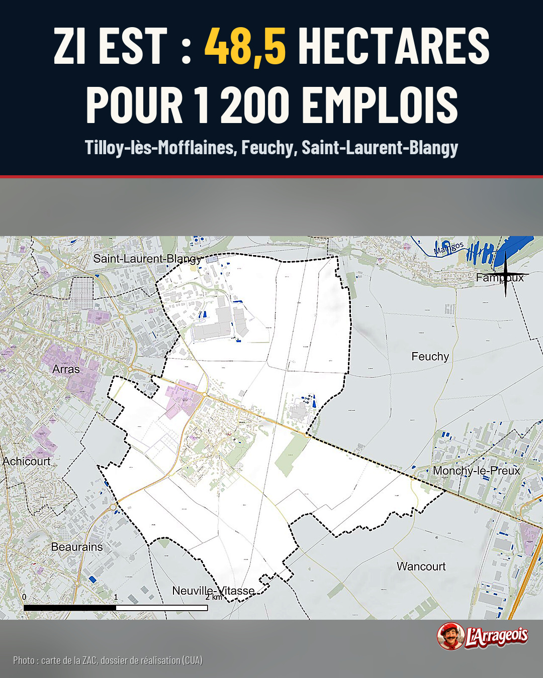Carte géomatérialisée délimitant une zone d'implantation par un trait en pointillés noir, avec les noms des communes environnantes et une échelle de distance.