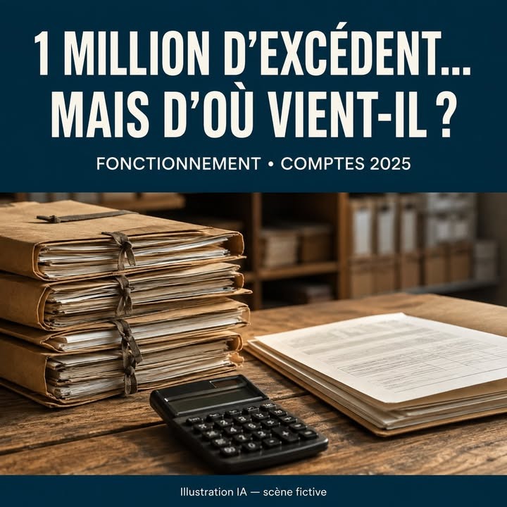 Des dossiers liés, un calculateur et un registre posés sur un bureau en bois, avec des étagères floues en arrière-plan.