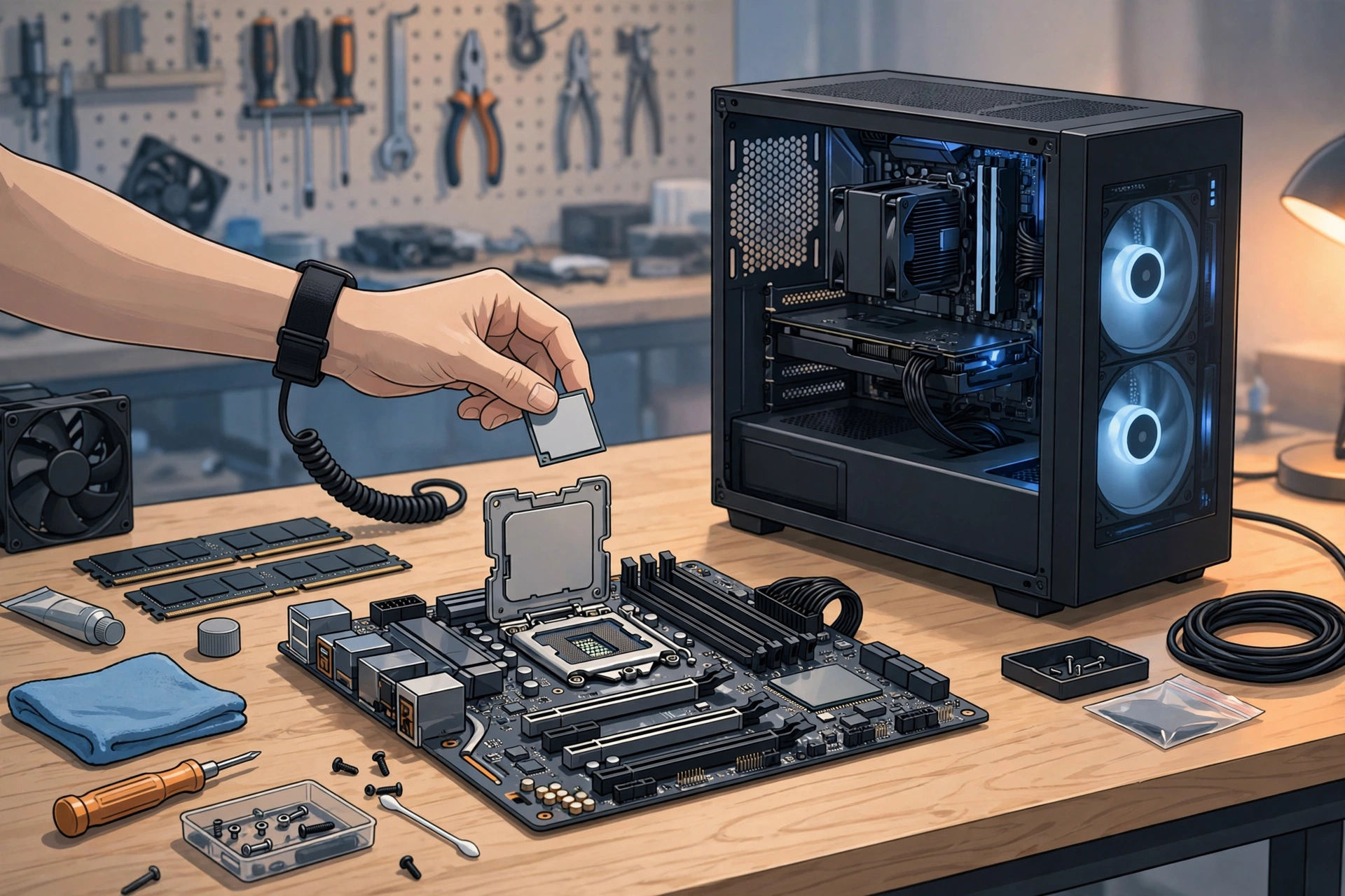 AI-generated illustration of a desktop PC buying guide scene with a processor chip, motherboard and graphics card on a workbench — an illustration, not a photo of a real product