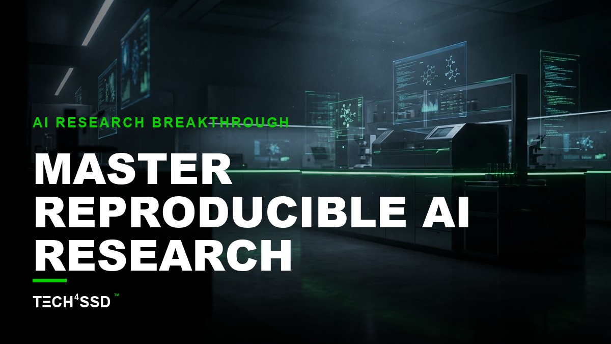 A scientist interacts with a holographic display showing a reproducible AI research workflow, with data points and code snippets.