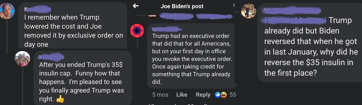 FACEBOOK comments COMPLAINING ABOUT how Trump already made insulin $35 but was reversed on day on