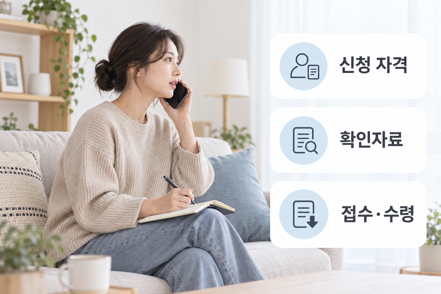 본인의 신청 자격과 접수·수령 조건을 메모하며 문의하는 설명 장면
