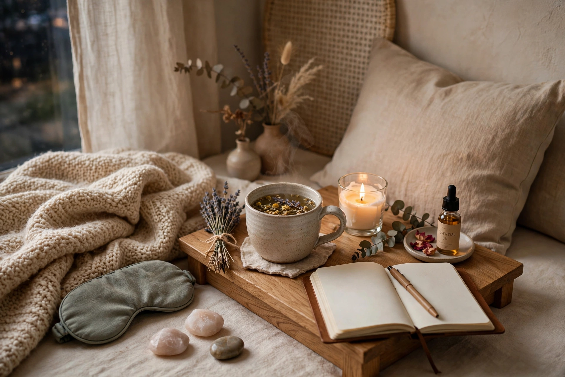 Restful natural linen bedroom — sleep and recovery wellness habit
