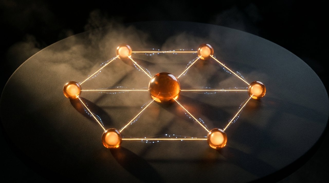 Central glowing amber AI node coordinating a swarm of smaller subagent nodes