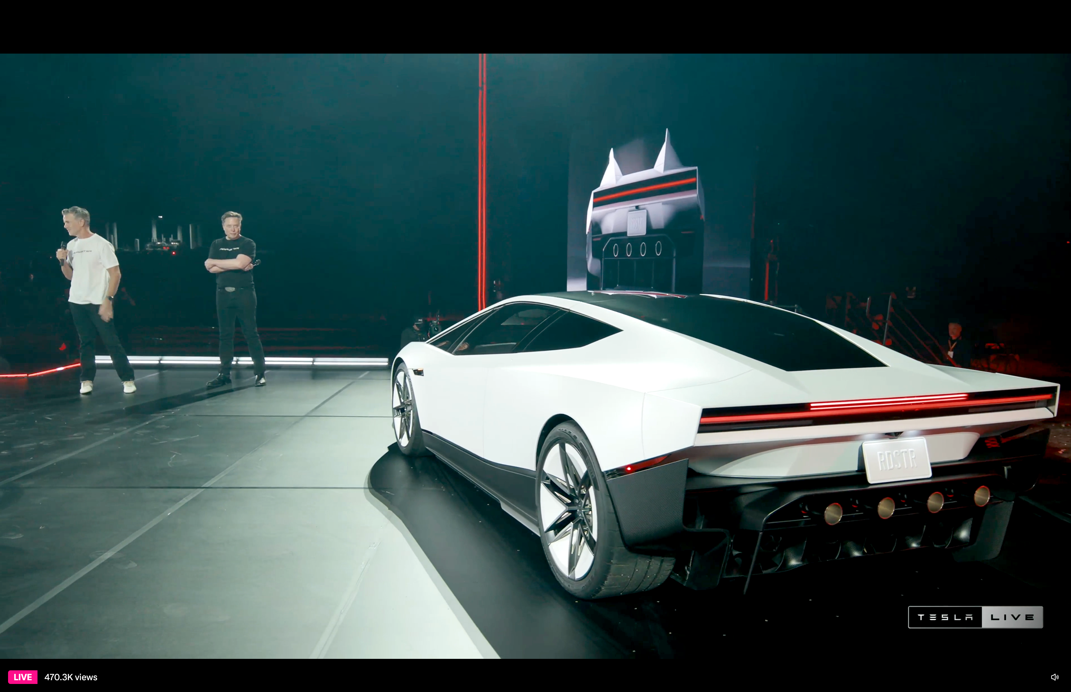 Tesla’s white Roadster onstage during the October 15 reveal