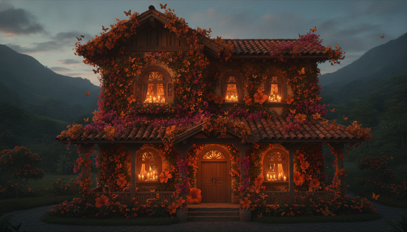 Colombian casita scene with butterflies and candlelight for Encanto costume ideas