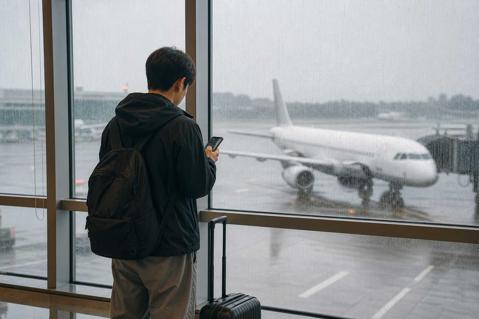 기상악화에 따른 공식 결항 공지를 확인하는 공항 여행자